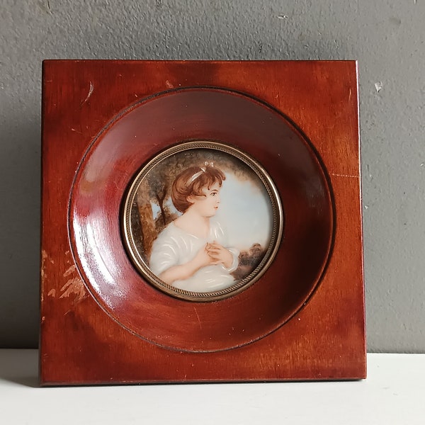 Ancien cadre en bois avec miniature portrait jeune femme  'L'innocence" d'après Reynolds 1900 / tableau