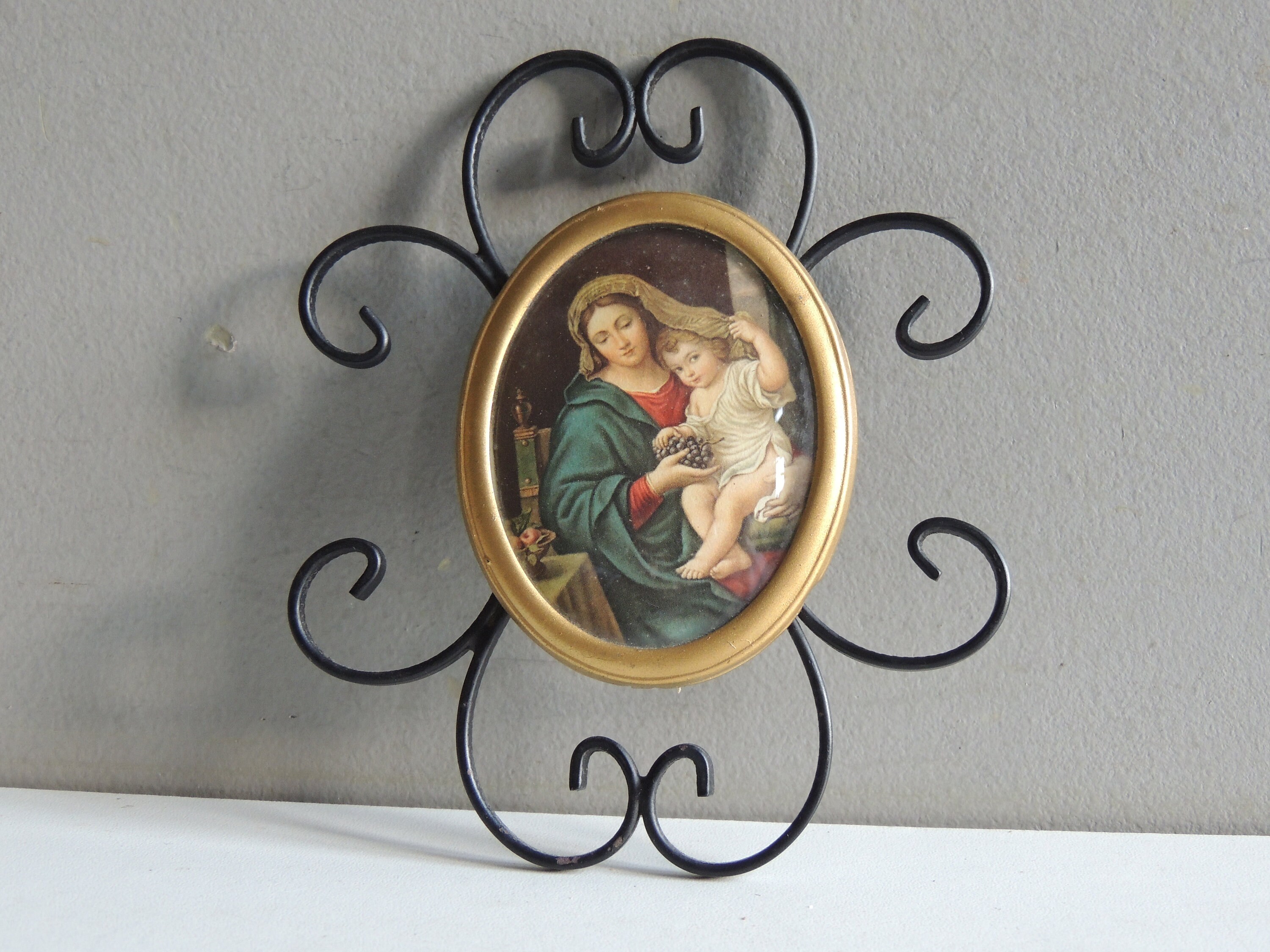 Cadre Oratoire Médaillon Icone Italienne Panneau Bois Image Vierge Marie Raisin Enfant Jesus/Reliqua