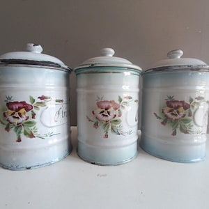 French antique spice 3 jar pot canister container enamel flower pansy enamel decor / sugar coffee / storage vintage kitchen shabby chic