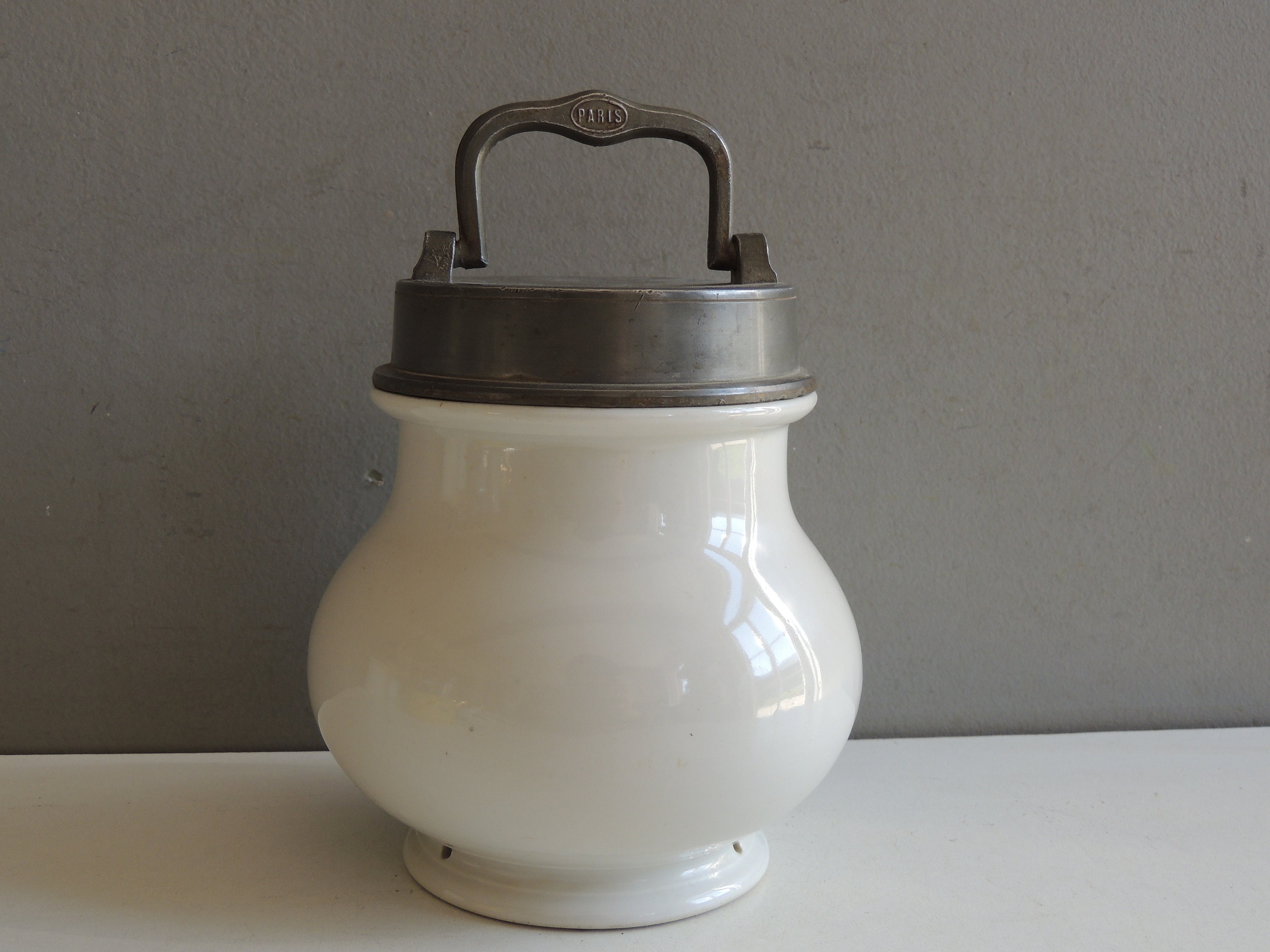 Charmant Pot à Bouillon Vintage Céramique Porcelaine Épaisse et Étain Paris Xixème Louis Philippe/Us