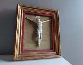 Antique French frame with ceramic crucifix holy corpus Christ Jesus 1930 / wall religious vintage