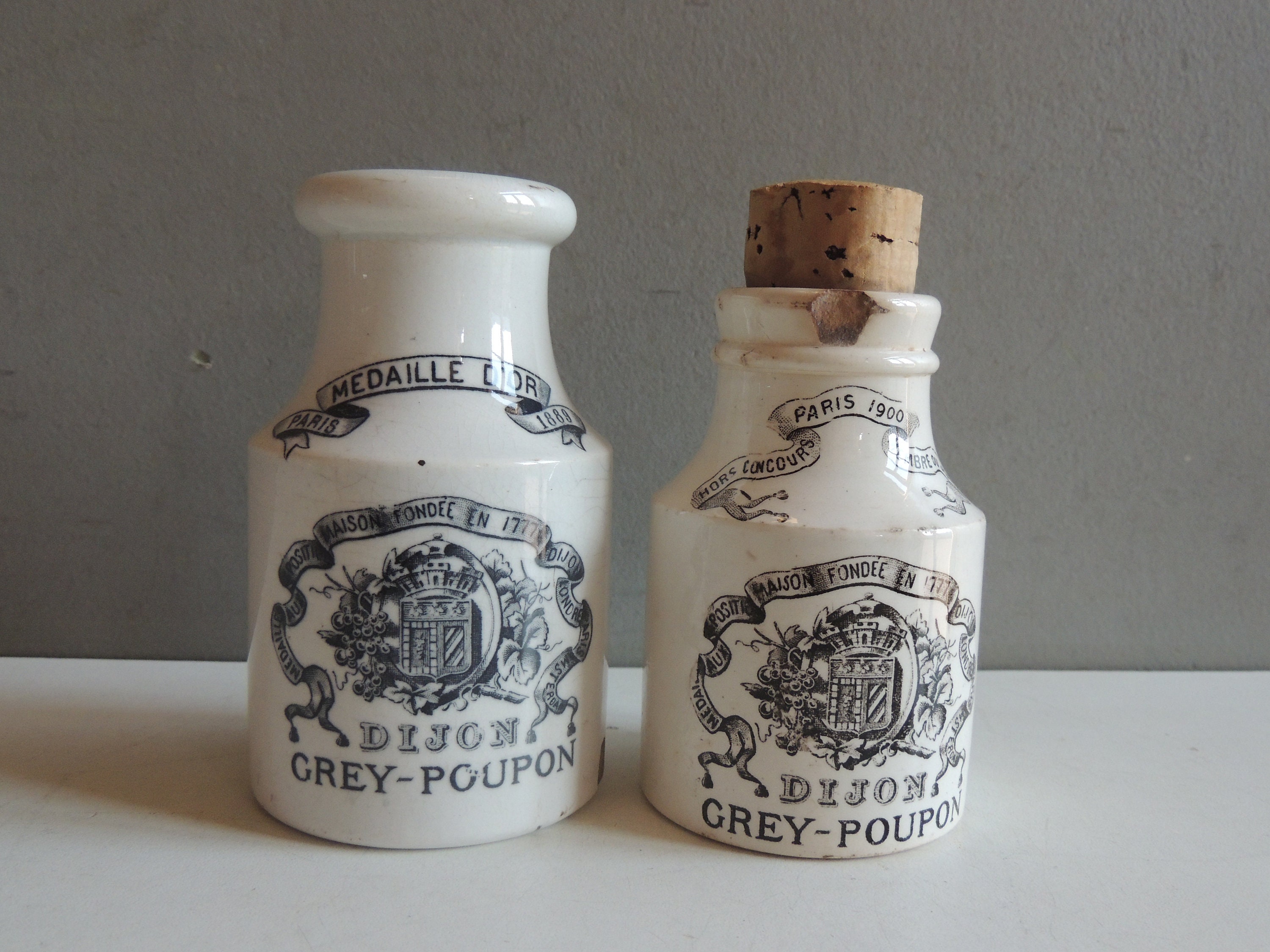 Moutardier Lot de 2 Pots à Moutarde Grey-Poupon Dijon Vintage en Céramique Faïence Digoin & Sarregue