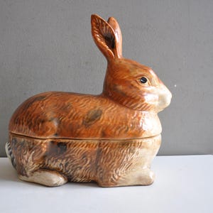 Terrine brown rabbit bunny hare ceramic by Michel Caugant / Faience tureen pate serving dish vintage / country cottage kitchen shabby chic