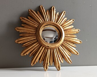 Charmant petit miroir soleil vintage oeil de sorcière en résine doré / glace design sixties miroir de sorcière