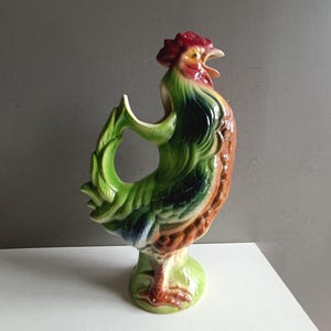 French vintage large zoomorphic pitcher rooster jar Saint Clement barbotine / Majolica pot carafe