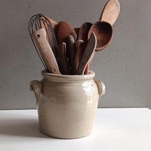French antique little mustard grey glazed sandstone jar pot / stoneware pottery crock vintage / Cutlery utensils shabby chic kitchen