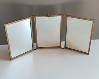 Triptych mirror 1800s brass engraved & picture decor/ barber mirror / vintage bathroom dressing design / business furniture