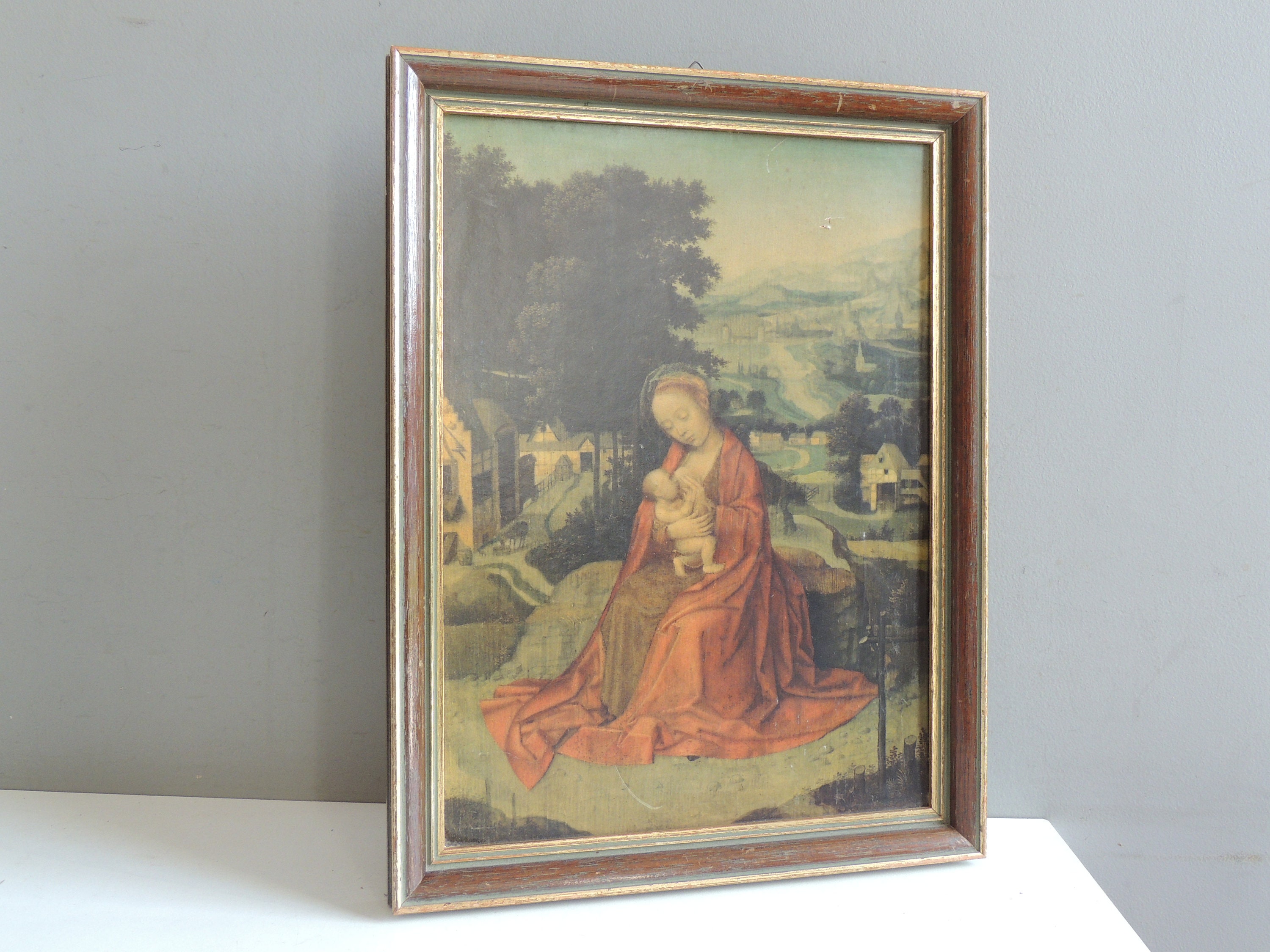 Grand Cadre Oratoire Icone sur Panneau de Bois Image Vierge Marie Enfant Jesus/Reliquaire Chapelle D