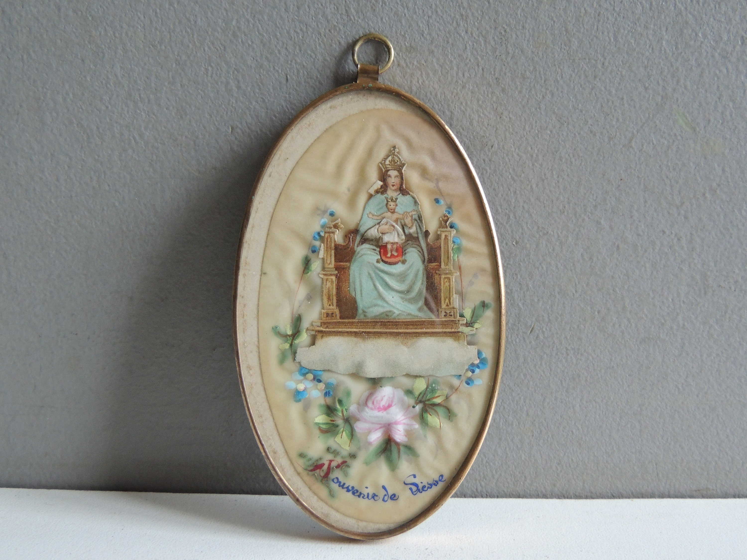 Cadre Médaillon Reliquaire Sous Verre Notre Dame de Liesse Vierge Enfant Jésus/ Peint Main & Chromo 