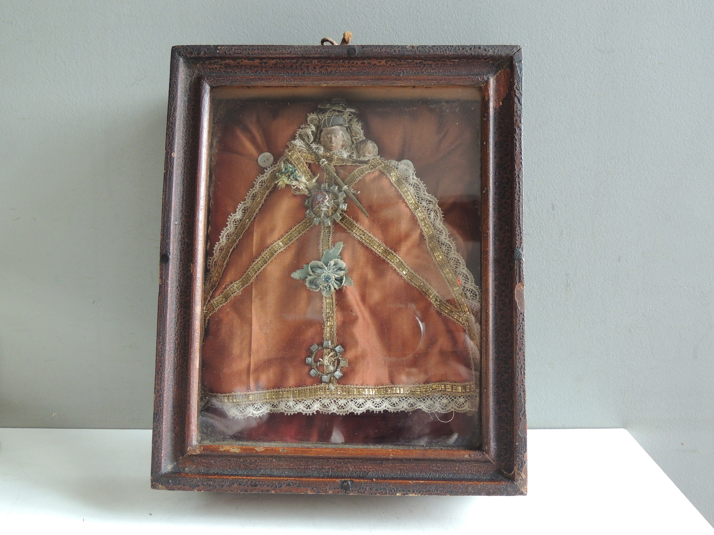 Ancien Cadre Reliquaire Ex-Voto de La Vierge Marie à L'enfant Jésus/Relique Cabinet Curiosité Décora