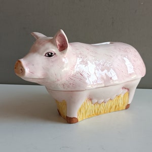 Terrine piggy bank pig ceramic by Michel Caugant / Faience tureen pate serving dish vintage / country cottage kitchen shabby chic