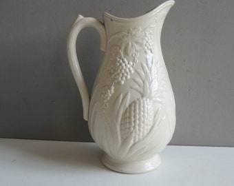 Antique English large pot pitcher jug white embossed ironstone Wedwood pineappel grapes decor / ceramic shabby chic