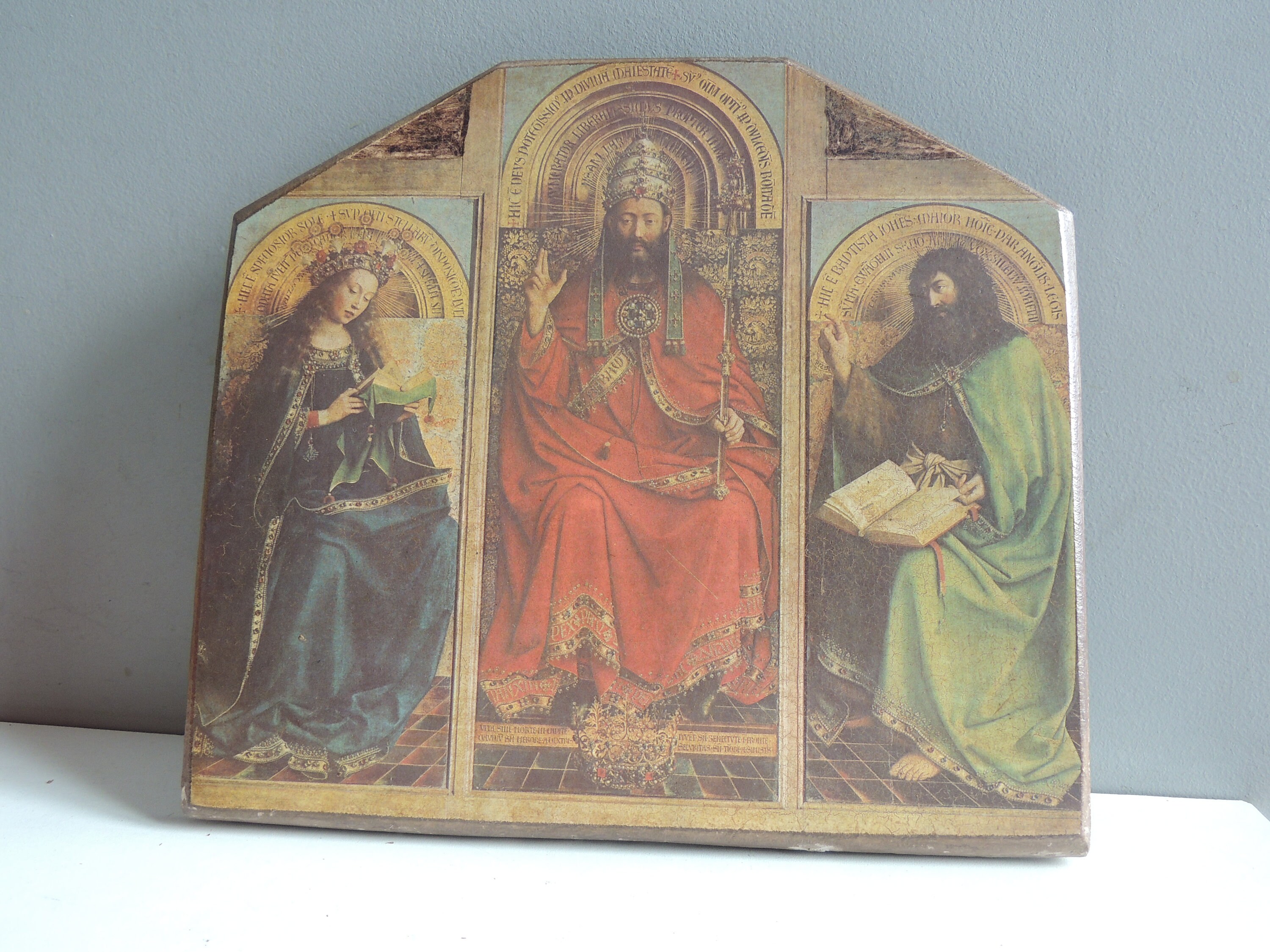Ancien Oratoire Triptyque Panneau en Bois Image Icone/ Reliquaire Russe Italien Chapelle Dévotion Re