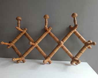 Antique French nice large wood coat hanger expandable accordion with hat rack stand / vintage 10 hooks / bamboo design / shabby chic