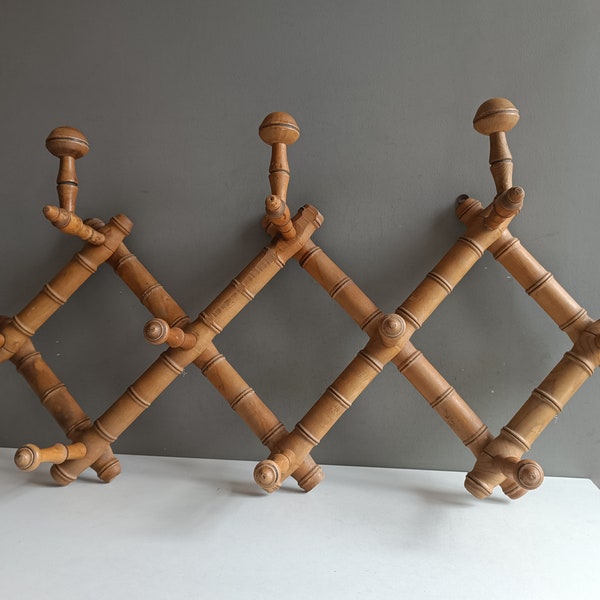 Antique French nice large wood coat hanger expandable accordion with hat rack stand / vintage 10 hooks / bamboo design / shabby chic