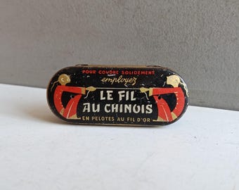 Antique Vintage metal reel sewing thread "Fil au chinois" box tin / collection French haberdashery embroidery