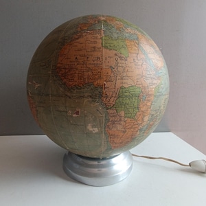 French antique earth world map light terrestrial glass globe lamp vintage 1940s Perrina Picquart Paris / original aluminum foot