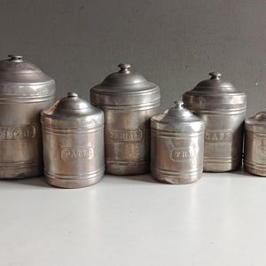 French antique 6 aluminium spices jars pots canisters containers with spices name / vintage aluminum Storage tin kitchen