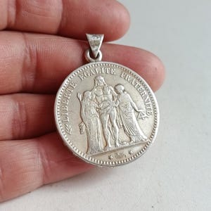French antique Silver coin pendant 5 francs Hercules from 1873 / vintage jewelry / medallion medal