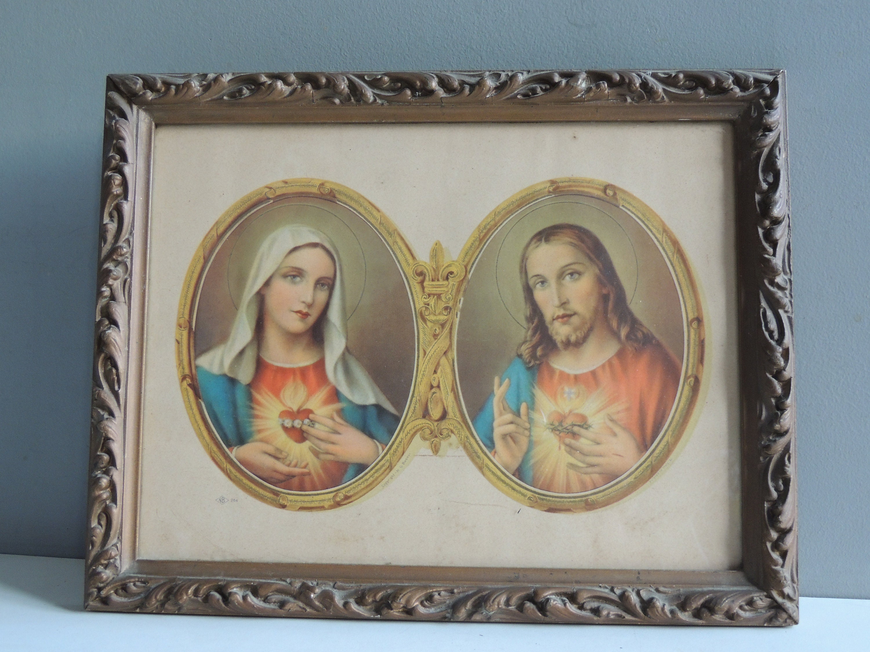 Cadres Bois Stuc Doré 1900 avec Chromo Lithographie Reliquaire Ex Voto Coeur Sacré Sainte Vierge Mar