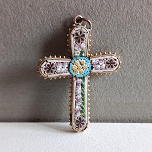 Antique cross pendant partitioned micro mosaic 1800s / vintage religious jewelry crucifix/ passion of Christ