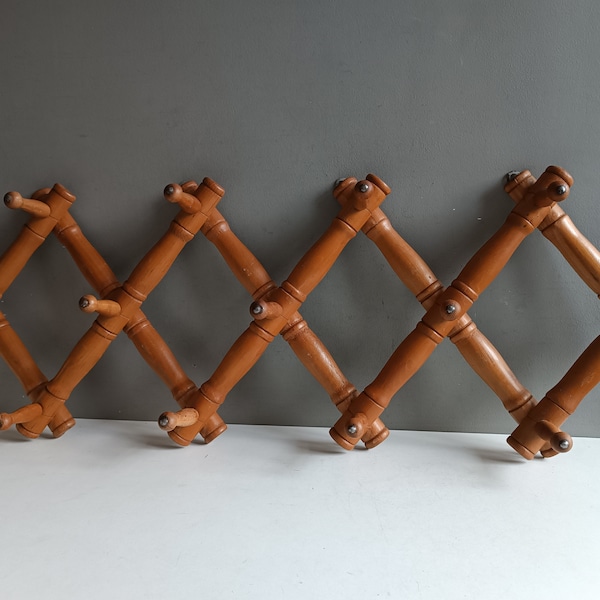 Antique French nice large wood coat hanger expandable accordion / hat rack stand / vintage 13 hooks / bamboo design / shabby chic