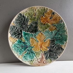 French antique large barbotine majolica plate dish with leaf / Sarreguemines / ironstone platter