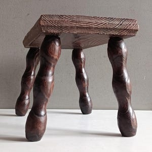 Peut inclure: Un petit tabouret en bois artisanal avec un dessus rectangulaire et quatre pieds incurvés et sculptés de manière complexe. Le bois est d'un brun foncé riche avec des motifs de grain visibles, suggérant une esthétique rustique. Le tabouret est décoratif.