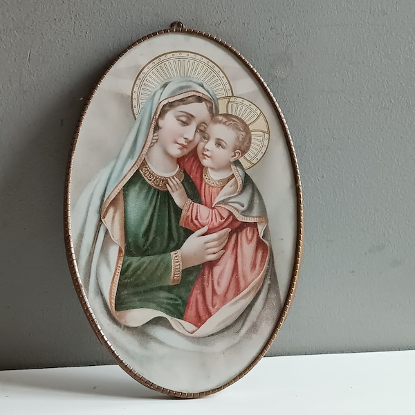 Cadre médaillon reliquaire ex-voto sous verre de la Vierge à l'enfant / chromo dévotion religieuse XIXéme