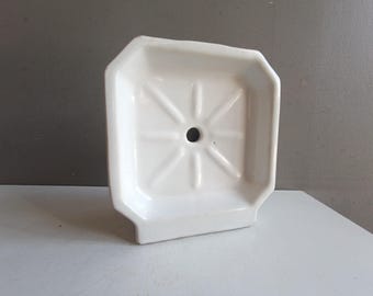 Antique french white thick ceramic porcelain wall soap dish holder rack mid century / shell vintage bathroom decor shabby Art deco