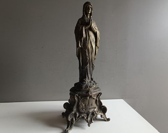 Antique French large metal statuette statue Holy Virgin Mary in prayer Notre Dame Lourdes /vintage signed sculpture our lady religious decor