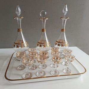 Baccarat Saint Louis 19th fine gold-plated crystal liqueur set with glass, decanters and tray / French antique crystal glassware