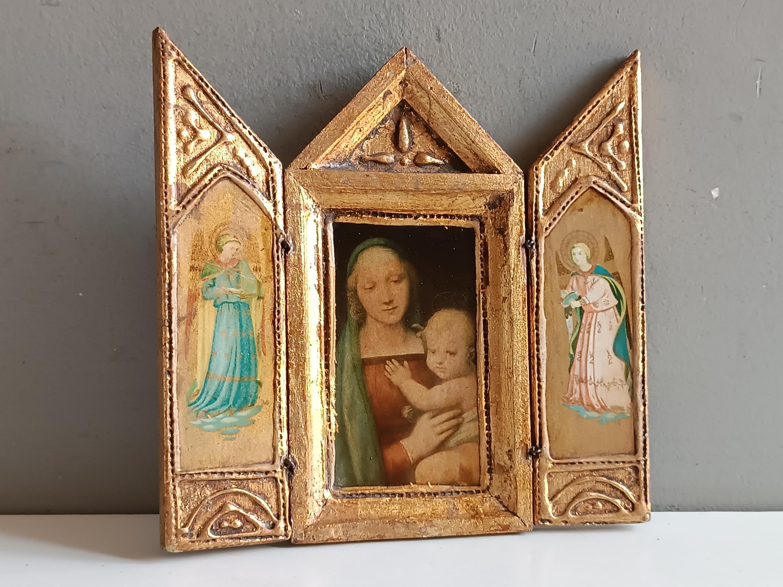 Antique oratory triptych icon wood & gilt stucco panel image with Virgin Madonna Jesus child angel / Florentine reliquary religious devotion