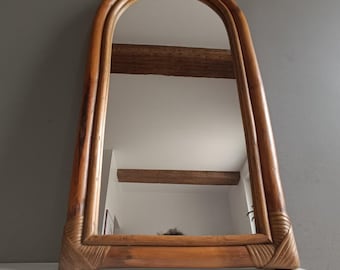 French vintage large rattan bamboo mirror vintage design / French sixties decor