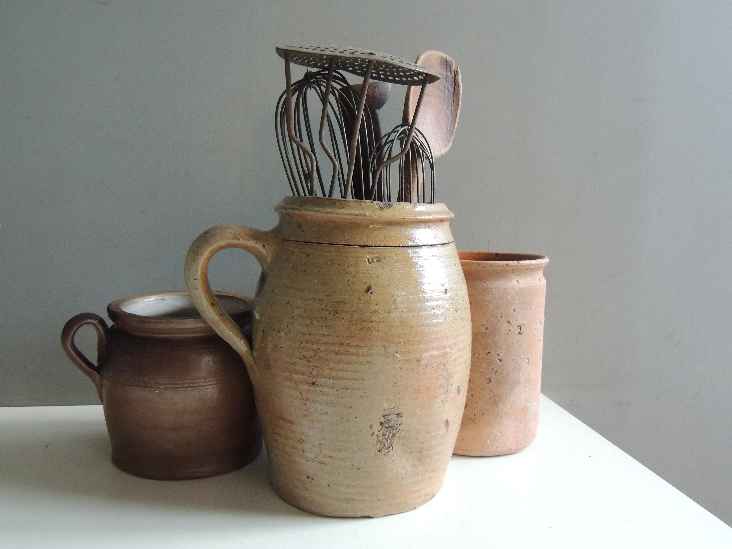 Ancien Grand Pot à Confit Graisse Saindoux en Céramique Grès Vernissé Poterie/Toupine Cuisine Vintag