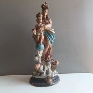 French antique large statue Holy Virgin Mary with Jesus Child polychrome chalkware gypsum XIXème / figurine religious sculpture Madonna