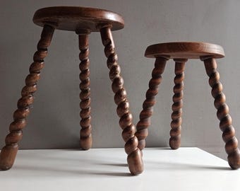 French vintage turned spiral wood stool mid century brutalist / screw tripod bobbin rustic farmhouse primitiv/milking chair/ Charles Dudouyt