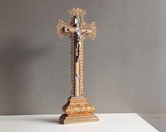 French antique large altar crucifix christ on gilt stucco wood cross / sacred heart Jesus Christ / work french 19th
