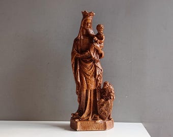 19世紀フランスの聖母マリアのメダリオン - 石化した石膏と銅の聖骨箱