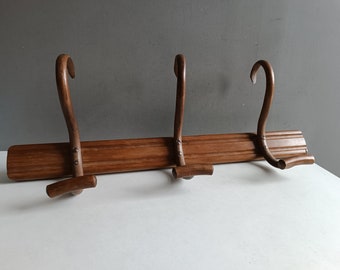 Antique French bent wood coat hat rack stand nice quality Thonet / vintage bentwood 3 hook hanger / shabby chic decor