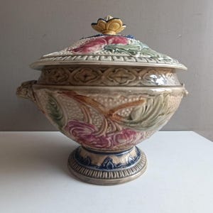 Wyjątkowa XIX-wieczna barbotine waza do zupy / Ceramiczna miska do zupy