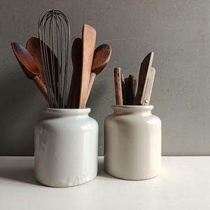 French antique set of 2 mustard sandstone jar pot Lab Lagny / pottery crock vintage / Cutlery utensils shabby chic kitchen