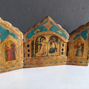 Vintage Florentine icon oratory triptych wood gilt stucco painted panels Madonna Virgin Mary & angels / reliquary chapel religious devotion