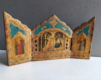 Vintage Florentine icon oratory triptych wood gilt stucco painted panels Madonna Virgin Mary & angels / reliquary chapel religious devotion