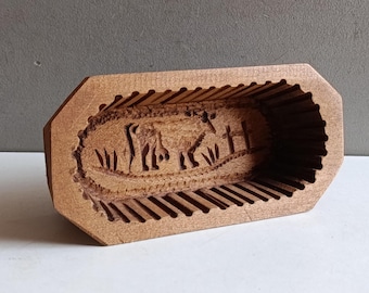 Encantador molde antiguo de madera tallado a mano para mantequilla con motivo de vaca, circa 1900 / mantequera vintage / arte popular