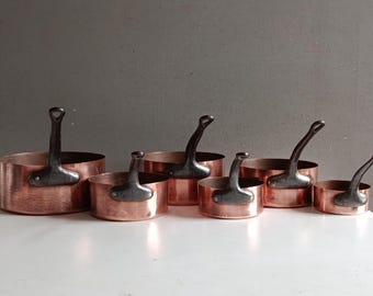 Set van 6 koperen steelpannen voor chocolade, suiker en jam, met geklonken smeedijzeren handgrepen, 3,15 kg / Franse kwaliteit