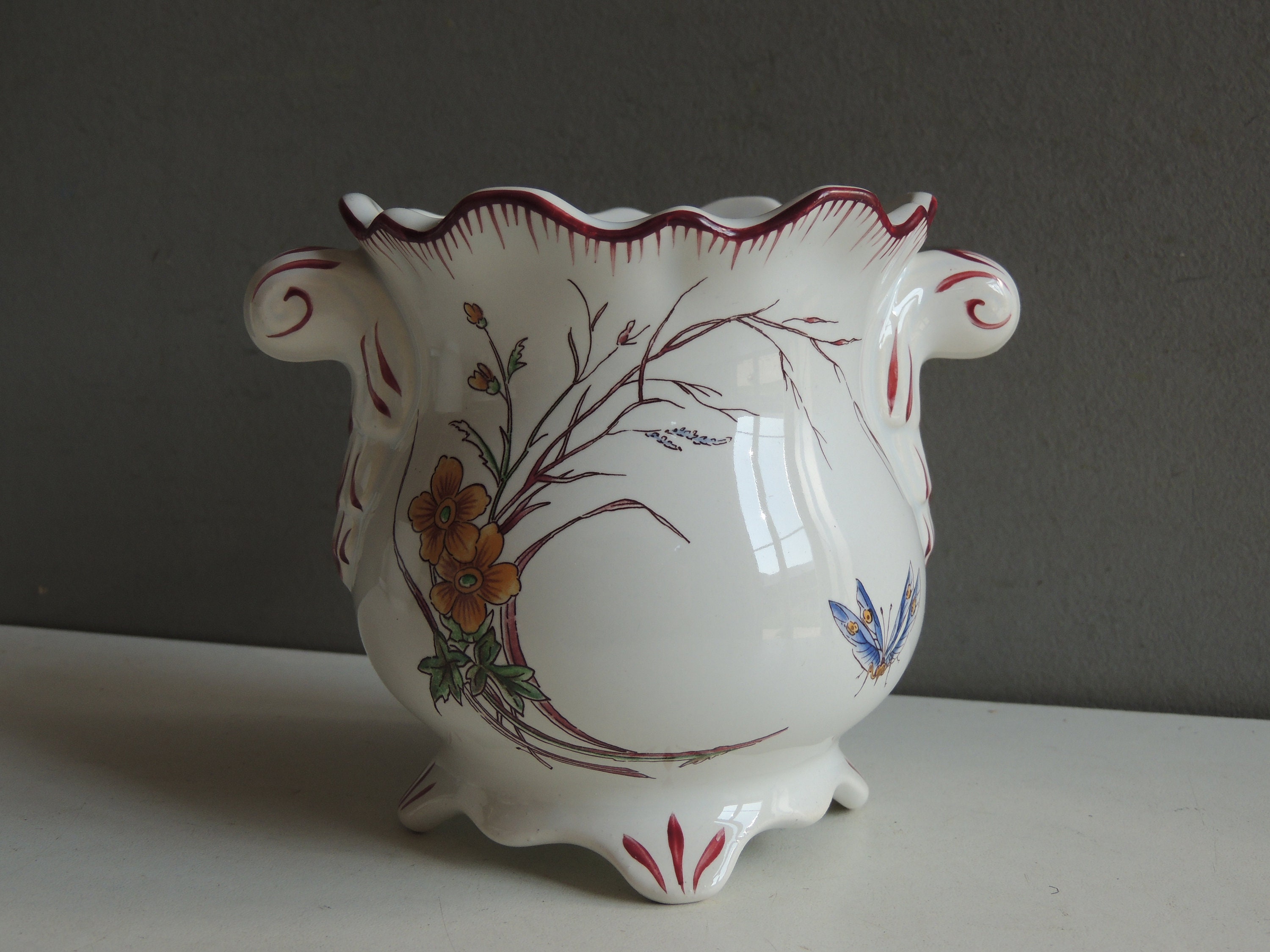 Superbe Pot Art Nouveau Décor Papillon et Fleurs en Faïence de Sarreguemines U&c Vintage/État Neuf