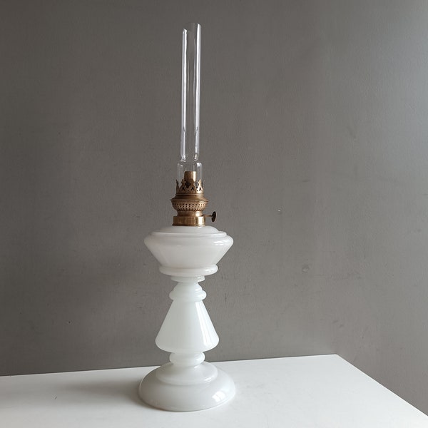 French antique large oil lamp white opaline glass 19th/ Brenner Kosmos petrol kerosene burner/Charles X Louis Philippe/Victorian shabby chic