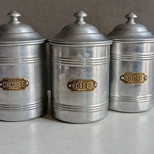 French antique set of 3 aluminium spices jars pots canisters containers Tournus with brass plates / vintage kitchen / Storage tin can