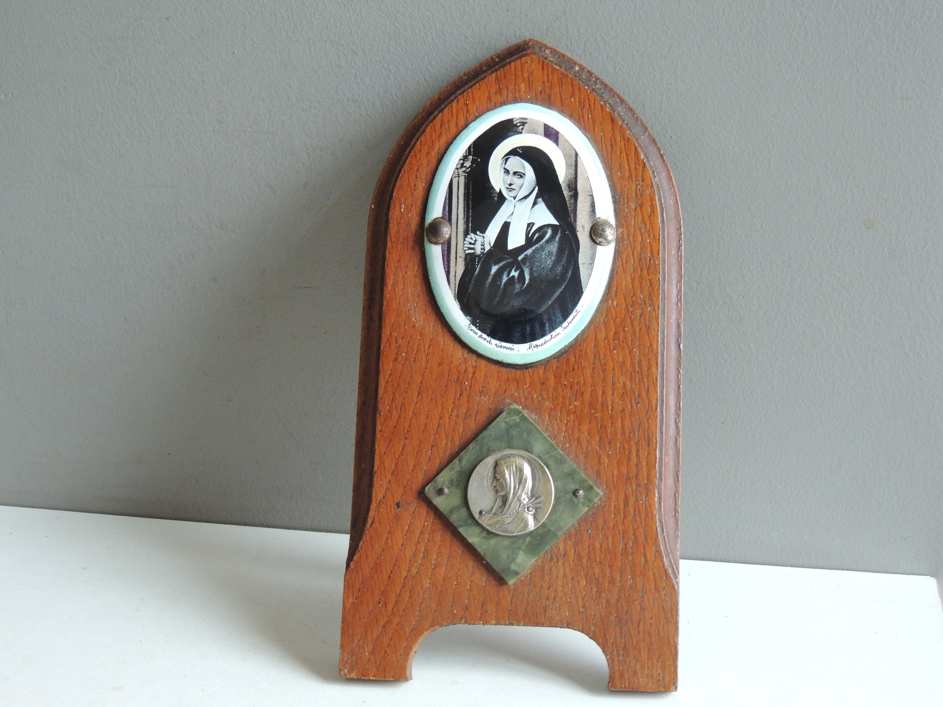 Oratoire Bois & Icone Religieuse Plaque Émaillée de Sainte Thérèse Lisieux/Vierge Aux Lys /Chapelle